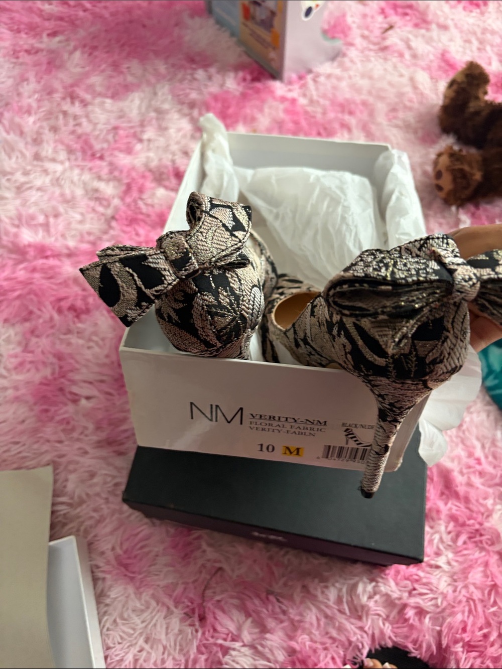 Neiman Marcus Black and Gold Floral Jacquard Bow Stilettos